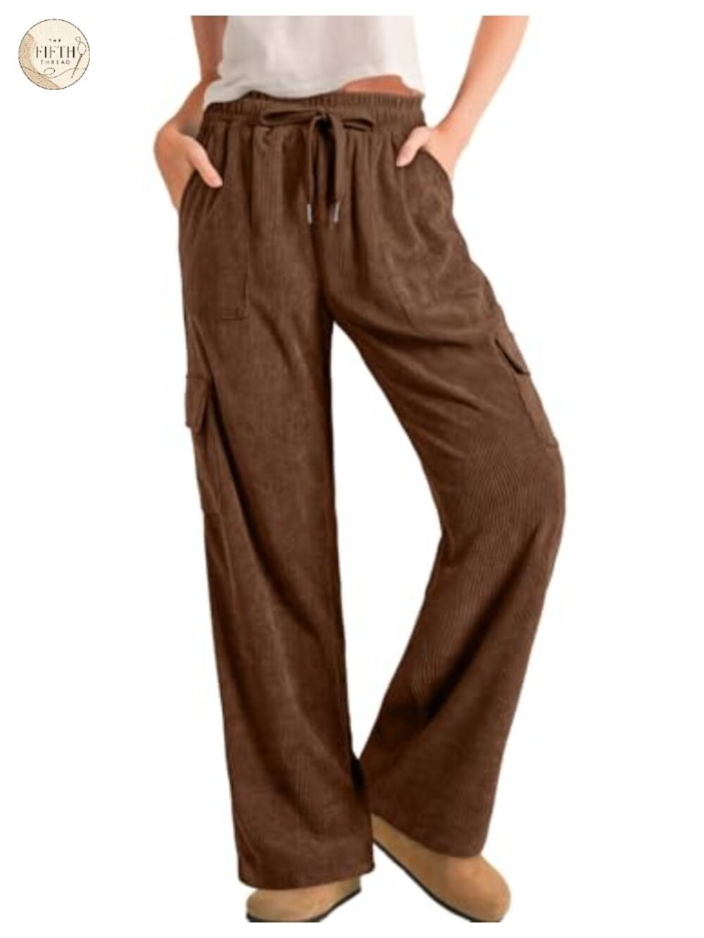 Sidefeel Corduroy Cargo Pants High Waisted Wide Leg Drawstring